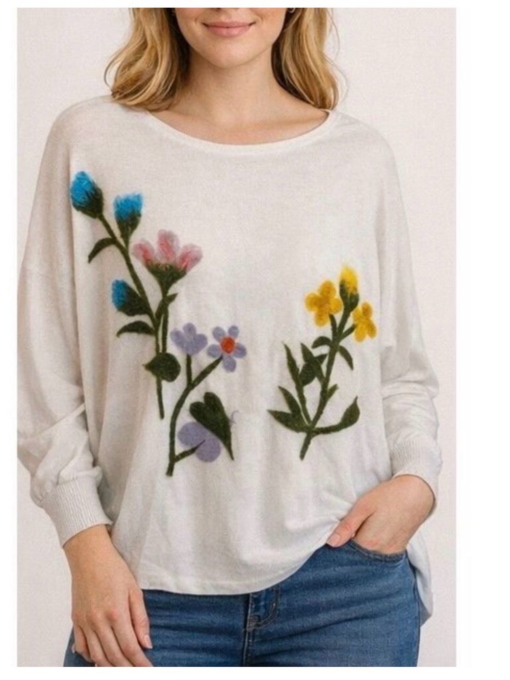 Aaeda Muliti Floral Yellow Purple White Embroidered/Felted Sweater Soft LG